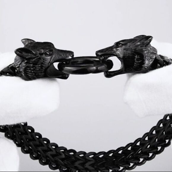 Men’s Black Thick Wolf Head Link Chain Bracelet - Picture 2 of 10